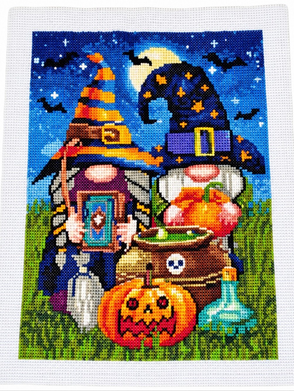 Halloween Gnomes Cross Stitch Finished Picture Unframed Witch Pumpkin Cauldron